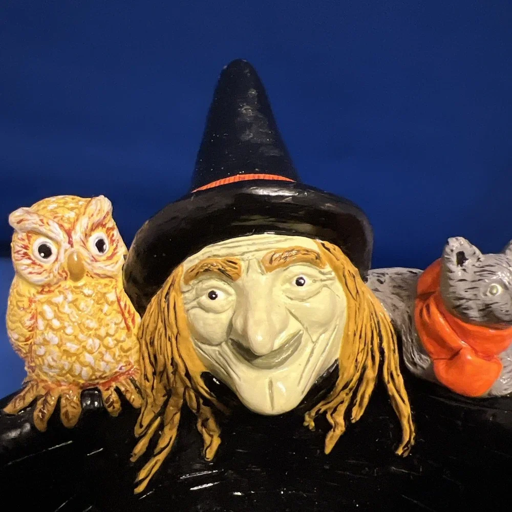Vtg '85Accents Unltd Halloween Trick Or Treat Witch Owl Cat Chalkware Candy Bowl